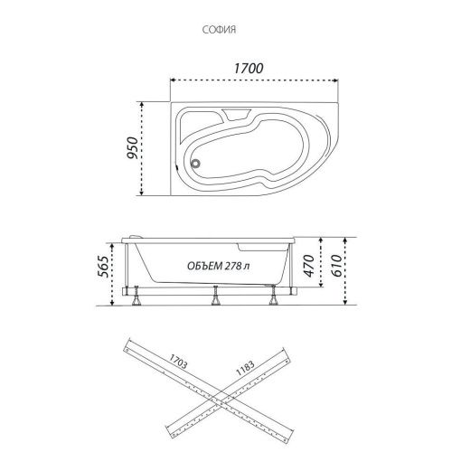 Ванна акриловая Тритон София Щ0000046115 170х95 пристенная асимметричная без каркаса - фото 3