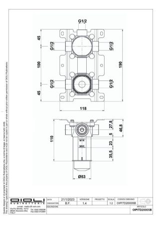 Внутренняя часть встраиваемого смесителя Oioli Universal OIPITD20005B