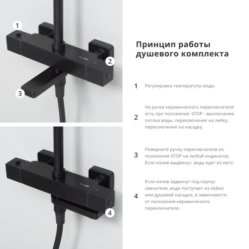 Душевая стойка Wasserkraft A29901 настенная цвет черный с термостатом - фото 2