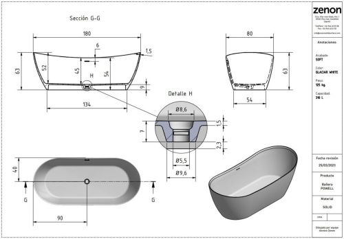 Ванна из искусственного камня Zenon Powell 4000.000.000.000.29549 180х80 отдельностоящая овальная - фото 2