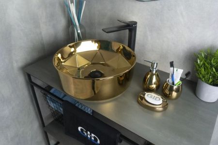 Раковина керамическая Gid 53331 40х40 накладная цвет золото без отверстий под смеситель