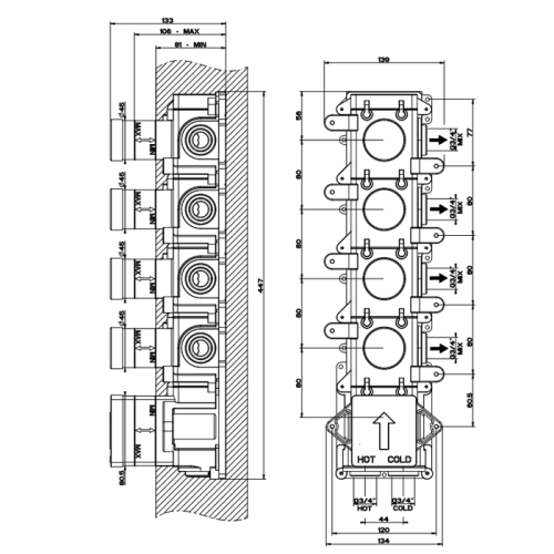 Внутренняя часть встраиваемого термостатического смесителя с 4мя независимыми выходами Gessi 43107#031 - фото 2