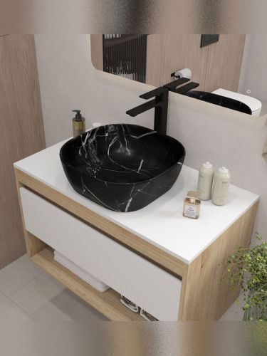 Раковина из сантехнического фарфора Teymi Solli T50383 41х41 накладная цвет черный мрамор без отверстий под смеситель - фото 4