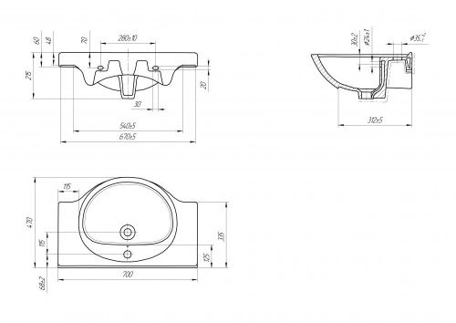Раковина из сантехнического фарфора Onika Erica UM-ERI70/1 70х50 накладная цвет белый 1 отверстие под смеситель - фото 4