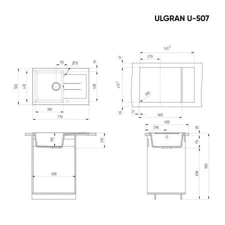 Кухонная мойка Ulgran Classic U-507-342 75х50 цвет серый