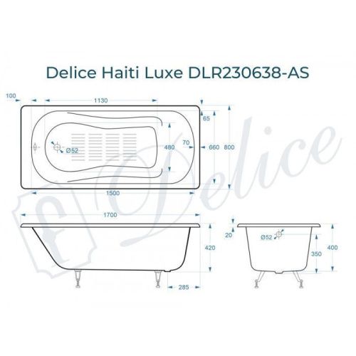 Ванна чугунная Delice Haiti Luxe DLR230638-AS 170х80 пристенная прямоугольная без ножек с антискользящим покрытием - фото 2
