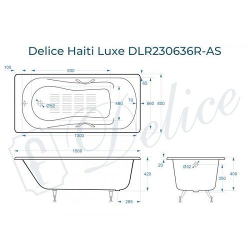 Ванна чугунная Delice Haiti Luxe DLR230636R-AS 150х80 пристенная прямоугольная без ножек с отверстиями под ручки - фото 2