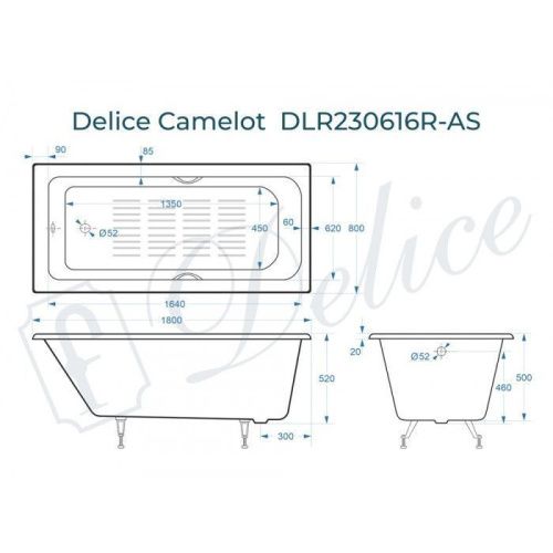 Ванна чугунная Delice Camelot DLR230616R-AS 180х80 пристенная прямоугольная без ножек с отверстиями под ручки - фото 2