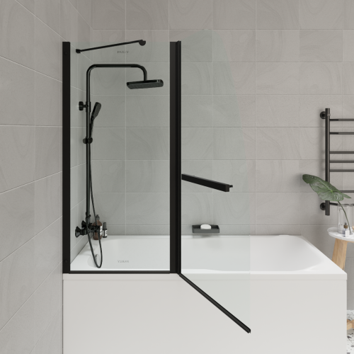 Душевая шторка на ванну Parly F03B 120х130 стекло прозрачное профиль черный ориентация универсальная