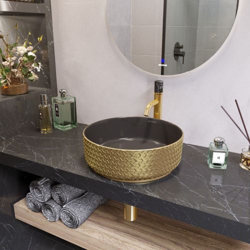 Раковина из сантехнического фаянса Grossman Color GR-5010GBR 40х40 накладная цвет черный/золото без отверстий под смеситель - фото 2