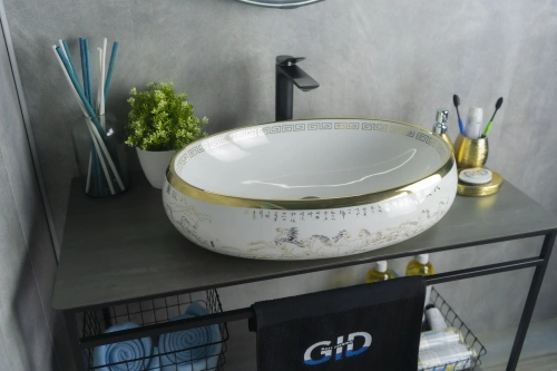 Раковина керамическая Gid Lago 52222 60х40 накладная цвет белый/золото без отверстий под смеситель - фото 3