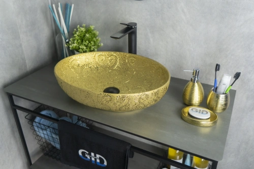 Раковина керамическая Gid Lago 52233 50х40 накладная цвет золото без отверстий под смеситель - фото 4
