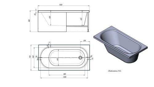 Ванна акриловая Timo ROHA ROHA1470 140х70 пристенная прямоугольная без каркаса - фото 2