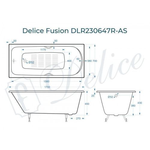 Ванна чугунная Delice Fusion DLR230647R-AS 170х70 пристенная прямоугольная без ножек с отверстиями под ручки - фото 2