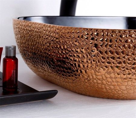 Раковина из сантехнического фаянса CeramaLux D1302H024 50х40 накладная цвет черный/медь без отверстий под смеситель