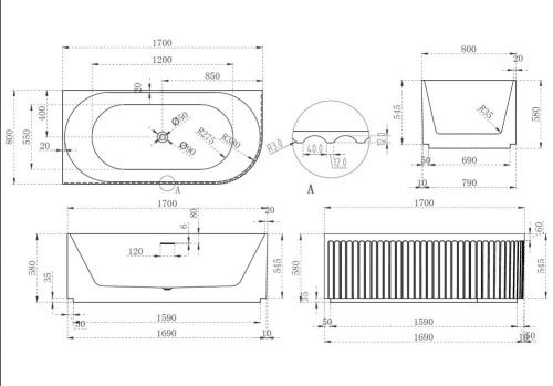 Ванна акриловая Abber AB9412-1.7 L 170х80 пристенная асимметричная с каркасом - фото 5