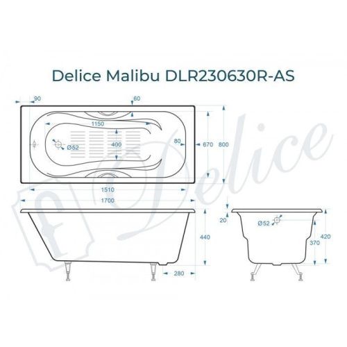 Ванна чугунная Delice Malibu DLR230630R-AS 170х80 пристенная прямоугольная без ножек с отверстиями под ручки - фото 2