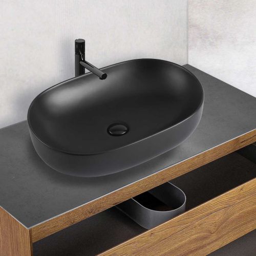 Раковина из сантехнического фарфора Vincea VBS-113MB 60х40 накладная цвет черный без отверстий под смеситель