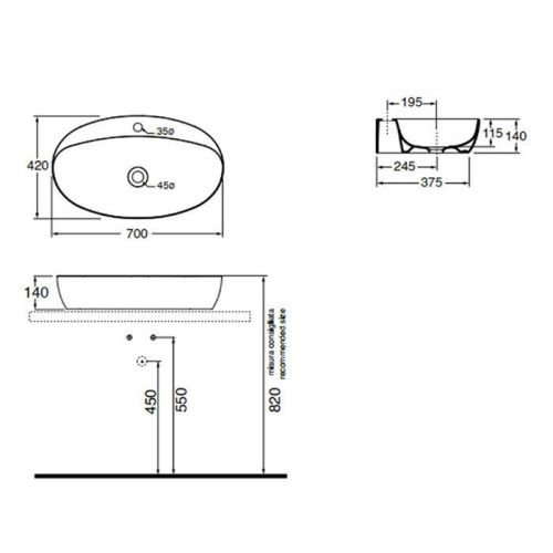Раковина из сантехнического фаянса Azzurra ELEGANCE ELLA070420CMBI/(ECI70M bi)*1 70х40 накладная цвет белый 1 отверстие под смеситель - фото 2