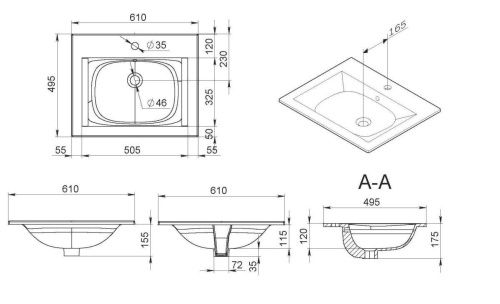 Раковина из сантехнического фарфора Am.Pm Spirit V2.0 M70AWCC0602WG 60х50 встраиваемая цвет белый 1 отверстие под смеситель - фото 3