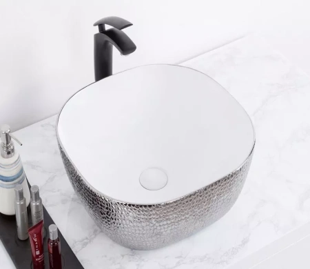 Раковина керамическая Gid 53302 40х40 накладная цвет белый/серебро без отверстий под смеситель