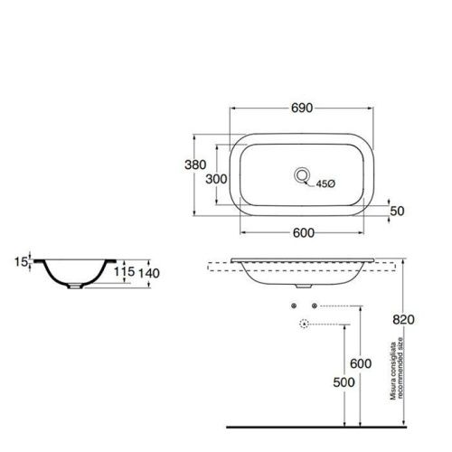 Раковина из сантехнического фаянса Azzurra Glaze GLLI06938000BI (GLZ 69x38/IN bi) 70х40 встраиваемая цвет белый без отверстий под смеситель - фото 2
