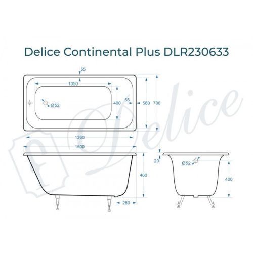 Ванна чугунная Delice Continental PLUS DLR230633 150х70 пристенная прямоугольная без ножек - фото 2