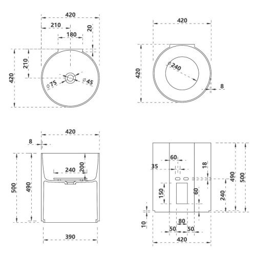 Раковина из искусственного камня Abber STEIN AS2624 40х40 подвесная цвет белый без отверстий под смеситель - фото 5