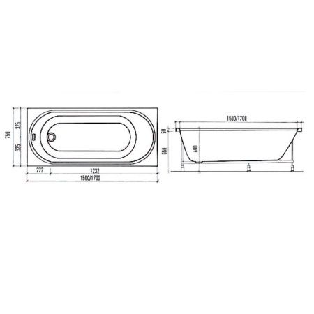 Ванна акриловая Aquanika Round A1017075025 170х75 пристенная прямоугольная