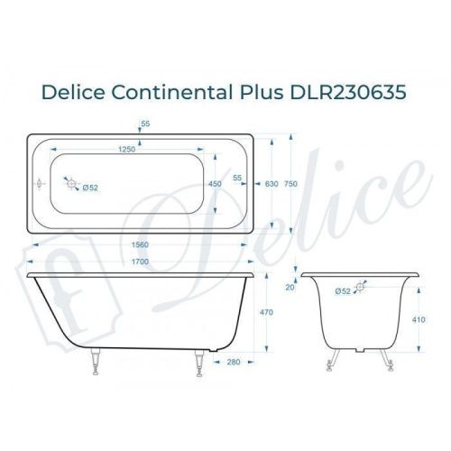 Ванна чугунная Delice Continental PLUS DLR230635 170х75 пристенная прямоугольная без ножек - фото 2