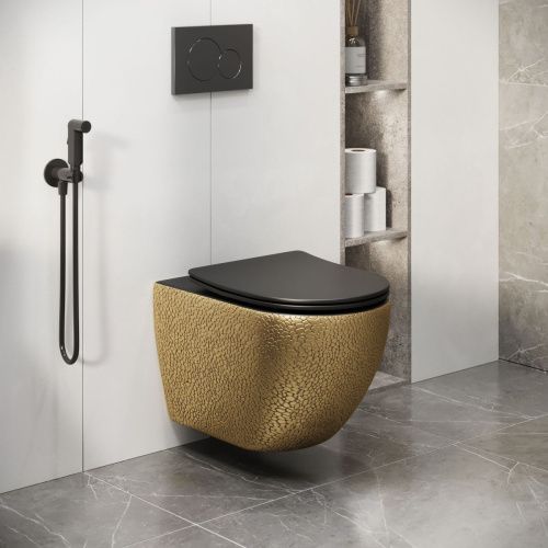 Унитаз подвесной Grossman Color GR-4411GBLS золотой крокодил/черный с сиденьем безободковый каскадный смыв - фото 5