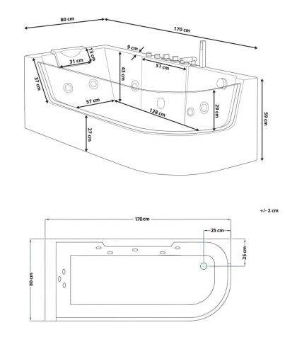 Ванна акриловая гидромассажная Cerutti SPA C-403A L 170х80 пристенная асимметричная с ножками - фото 3