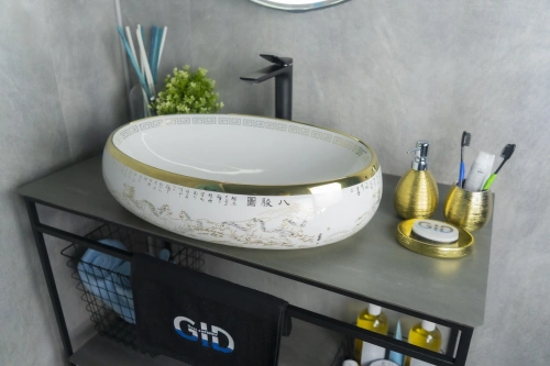 Раковина керамическая Gid Lago 52222 60х40 накладная цвет белый/золото без отверстий под смеситель - фото 4