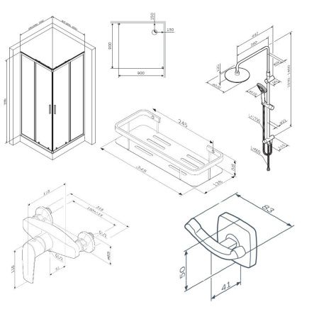Комплект душевого уголка с душевой системой и аксессуарами Am.Pm Gem S WK93EP стекло прозрачное профиль черный без поддона