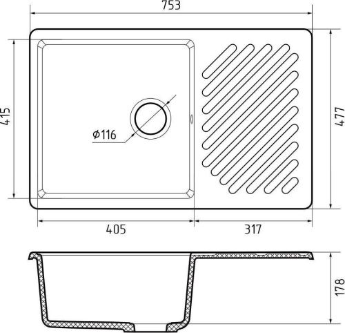 Кухонная мойка Granfest Quarz 52 темно-серый 75х50 цвет серый поверхность матовая - фото 3