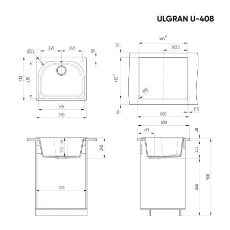 Кухонная мойка Ulgran Classic U-408-342 60х50 цвет серый