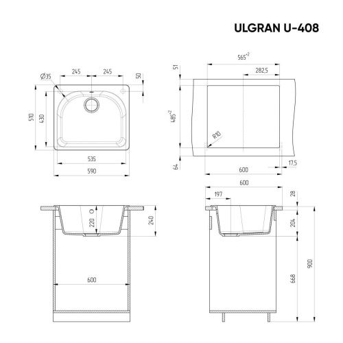 Кухонная мойка Ulgran Classic U-408-341 60х50 цвет белый - фото 2