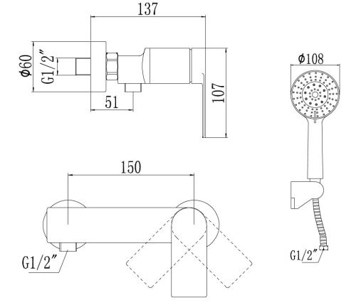 Смеситель для ванны и душа Savol S-601815H настенный черный - фото 2