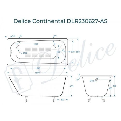 Ванна чугунная Delice Continental DLR230627-AS 180х80 пристенная прямоугольная без ножек с антискользящим покрытием - фото 2
