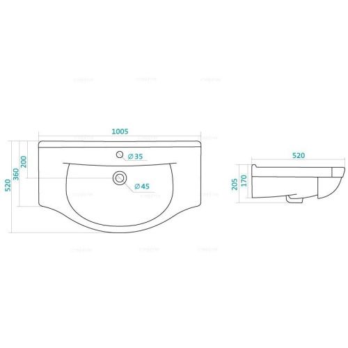 Раковина из сантехнического фаянса СанТа Эльбрус100 100х50 накладная цвет белый - фото 2