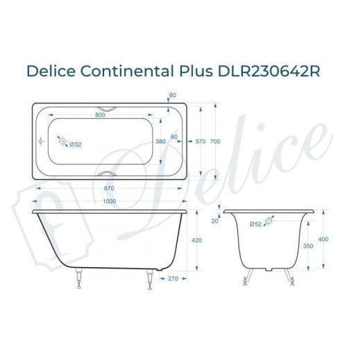 Ванна чугунная Delice Continental PLUS DLR230642R 100х70 пристенная прямоугольная без ножек с отверстиями под ручки - фото 2