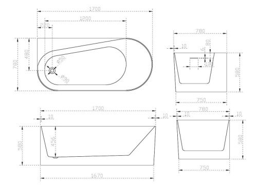 Ванна акриловая Abber AB9496-1.7 L 170х80 пристенная асимметричная с каркасом - фото 5