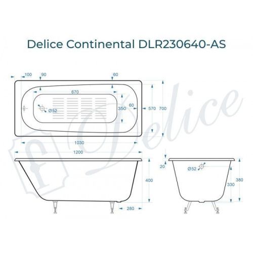 Ванна чугунная Delice Continental DLR230640-AS 120х70 пристенная прямоугольная без ножек с антискользящим покрытием - фото 2