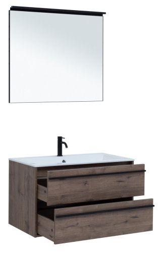 Комплект мебели: тумба с раковиной + зеркало Aquanet Lino 00271958 90х50 подвесной цвет коричневый - фото 2