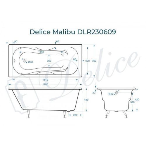 Ванна чугунная Delice Malibu DLR230609 170х75 пристенная прямоугольная без ножек - фото 2