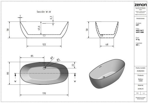 Ванна акриловая Zenon Como 4000.000.000.000.41026 170х80 отдельностоящая овальная - фото 5
