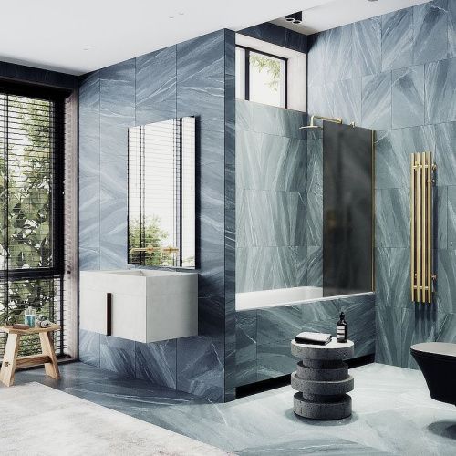 Душевая шторка на ванну Maybah Glass MGV-88-3ш 80х140 стекло тонированное профиль золото ориентация универсальная - фото 2