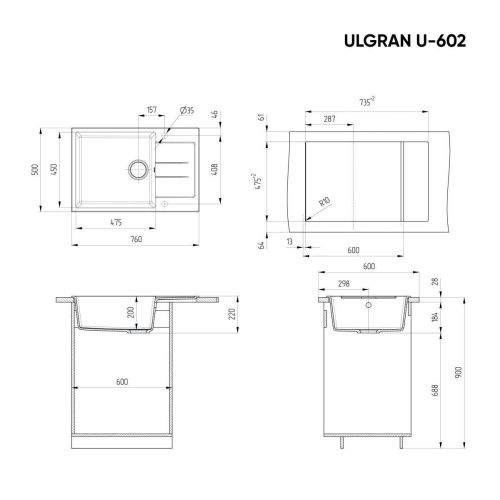 Кухонная мойка Ulgran Classic U-602-344 75х50 цвет черный - фото 2
