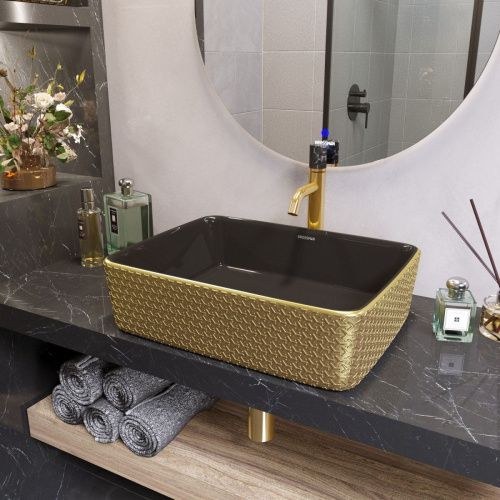 Раковина из сантехнического фаянса Grossman Color GR-3016GBR 50х40 накладная цвет черный/золото без отверстий под смеситель - фото 2
