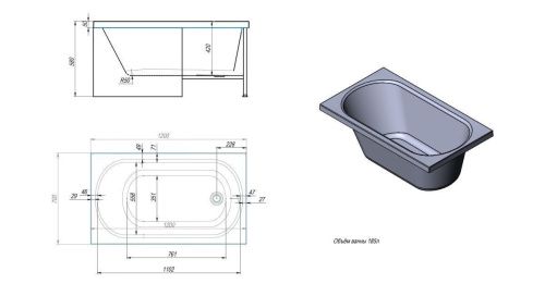 Ванна акриловая Timo ROHA ROHA1270 120х70 пристенная прямоугольная без каркаса - фото 2